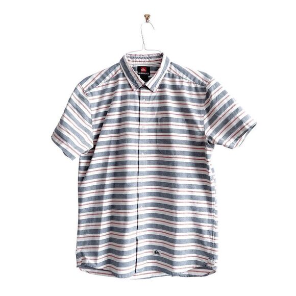 Quiksilver Mens Modern Striped Short Sleeve Button-Up Shirt Blue Red Size Large - Picture 1 of 7
